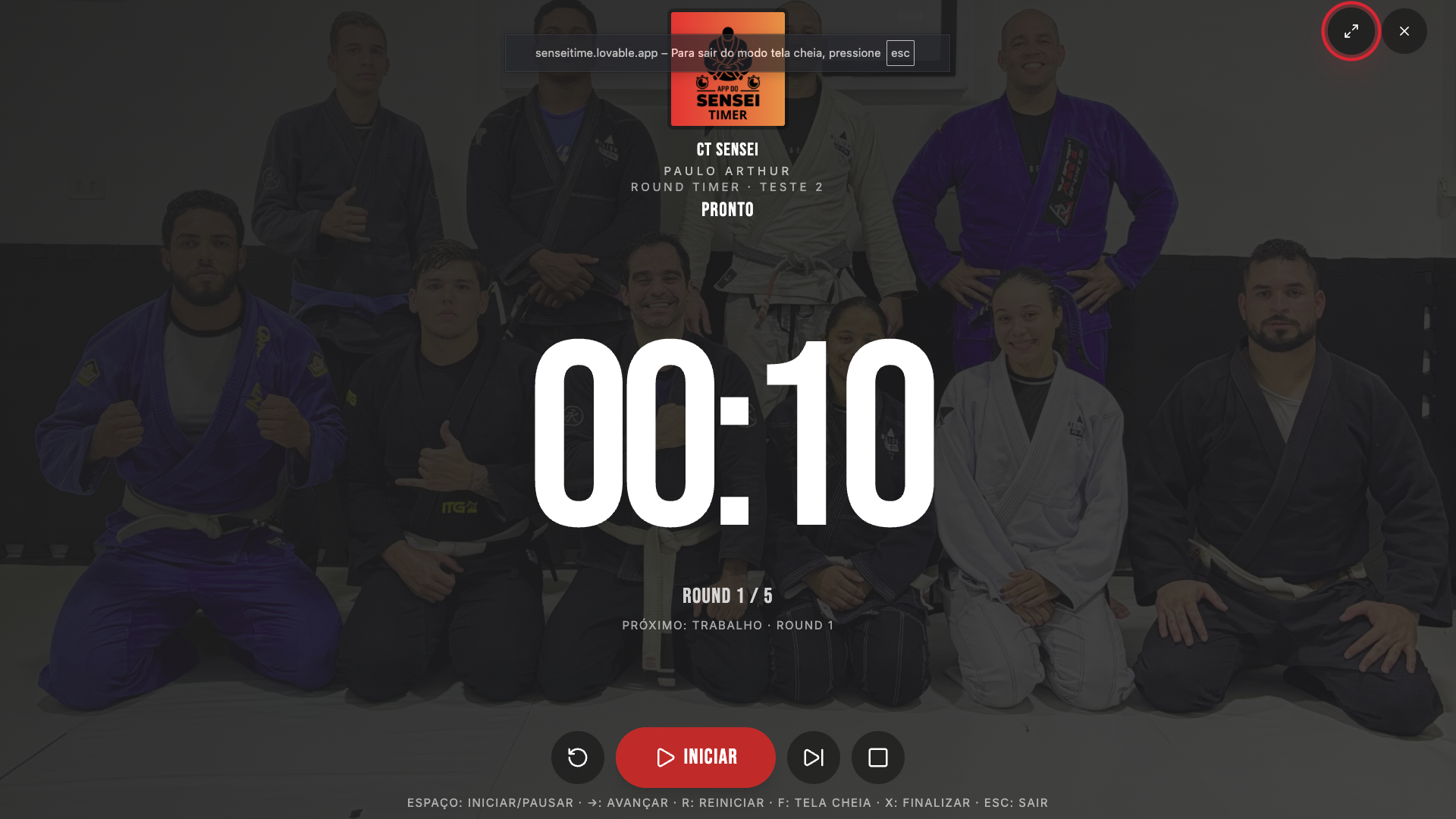 Sensei Timer en pantalla completa en la TV
